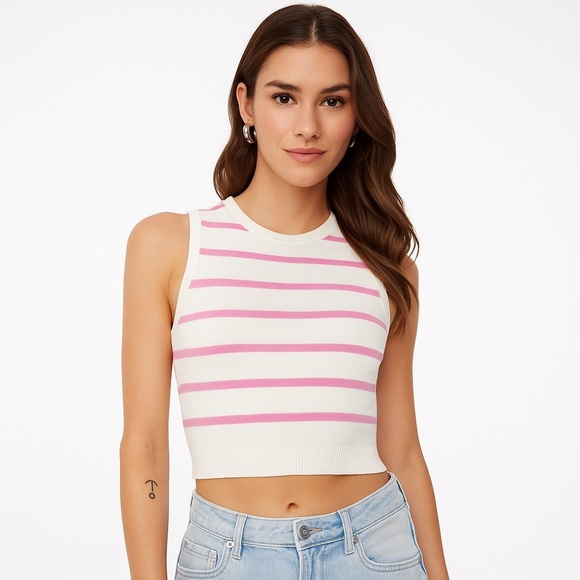 👚 Dynamite Crew Neck Sweater Tank Top - Snow White & Cashmere Rose Stripes 🌸 - Picture 1 of 10